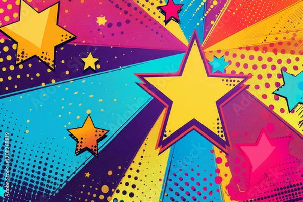 Fototapeta Star pop art beam and motion. Cartoon creative explosion. Vintage halftone popart effect. Abstract magic bubble illustration. Colorful comic book template. Flash burst wallpaper