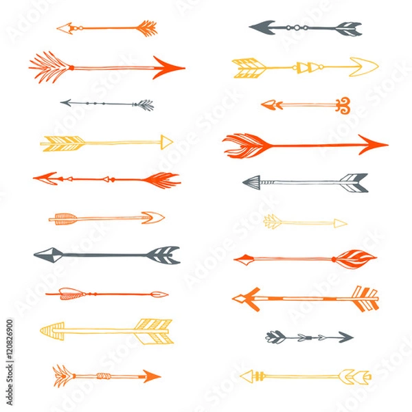 Fototapeta Tribal arrows set. Different native american arrows collection. Decorative vector stylized illustration of booms. Design elements for packaging, books, textile. Painted arrows, boho style.