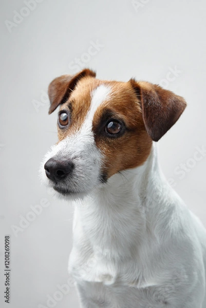 Fototapeta A front-facing Jack Russell Terrier portrait against a white background. The dog bright eyes and alert ears convey a lively demeanor.
