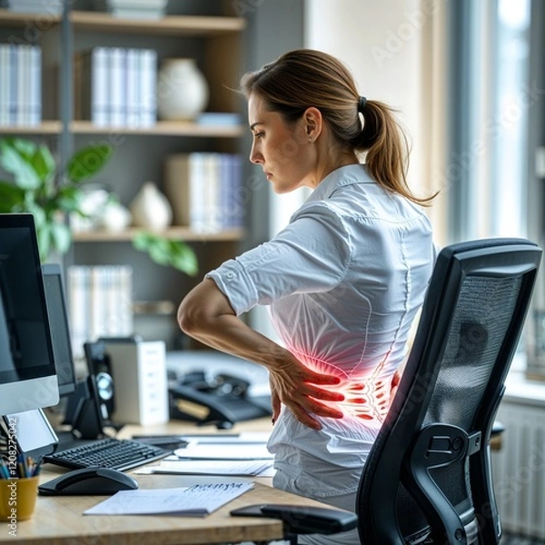 Fototapeta A woman working in an office has severe back pain at her workplace and touches her back. Ergonomic Alert: Woman Confronts Intense Back Pain at Desk, Urging Workplace Health Focus