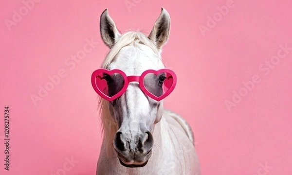 Fototapeta White horse wearing heart-shaped sunglasses against a pink background in a playful and whimsical setting. Valentine’s Day, idea, joke, love