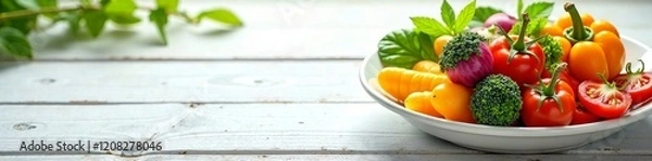 Fototapeta Fresh and colorful vegetables arranged beautifully on a white plate.