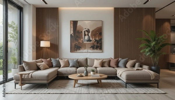 Fototapeta A beautifully designed living room features a spacious upholstered sofa adorned with various cushions
