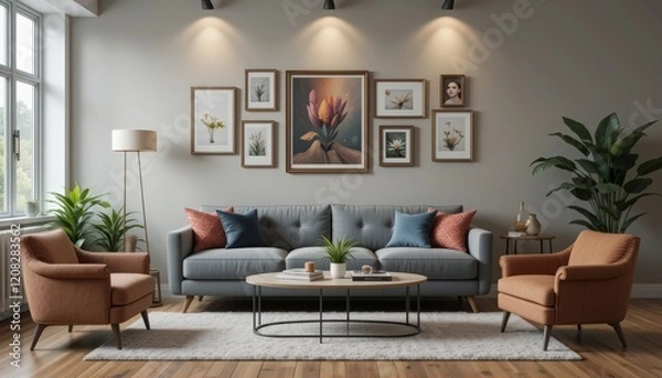 Fototapeta A beautifully arranged living room features a comfortable gray sofa paired with warm-toned armchairs, vibrant artwork on the walls, and lush greenery enhancing the serene ambiance
