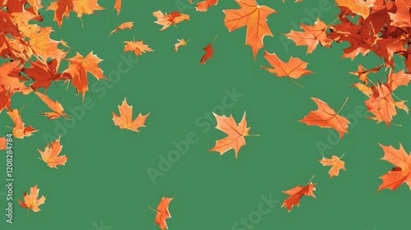 Fototapeta Scattered autumn maple leaves in vibrant orange tones against a green background, symbolizing seasonal beauty and contrast. Perfect for nature, decoration, and artistic design themes.