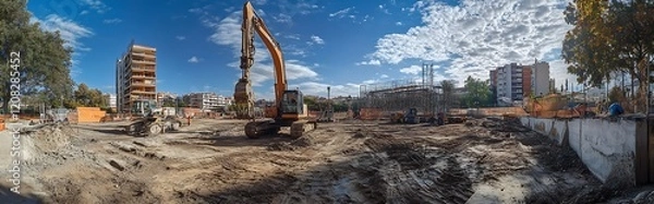 Fototapeta Wide View of Construction Site with Excavator and Building Development : Generative AI