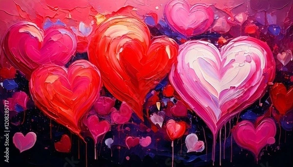 Obraz Playful heart-shaped patterns in red, white, and pink, accented with small flower elements and light brushstroke effects.