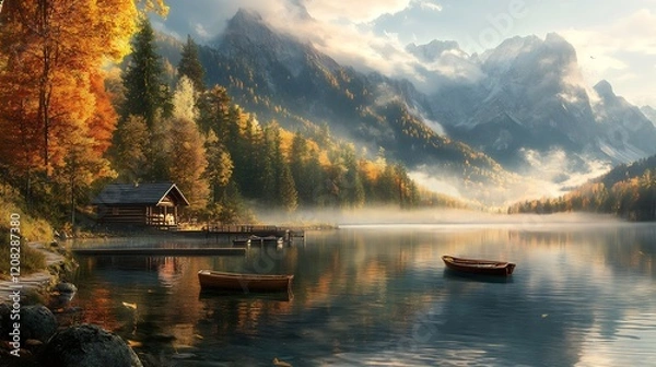 Fototapeta Peaceful Lake View with Wooden Cabins and Autumn Forest Under Mountain Peaks | Scenic Retreat : Generative AI