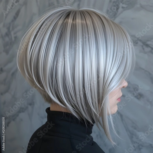 Fototapeta Woman hair color with silver hair color with a glossy finish, styled in a sharp angled bob
