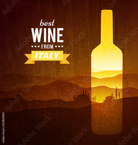 Obraz Wine bottle with the landscape of Tuscany. Vector poster.