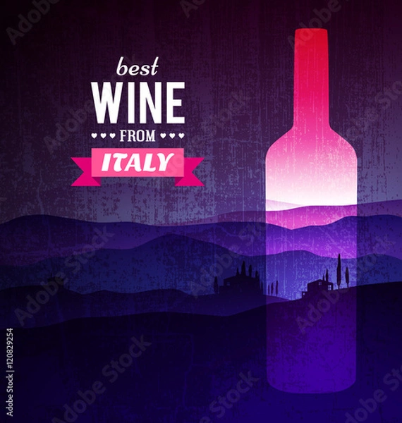 Obraz Wine bottle with the landscape of Tuscany. Vector poster.