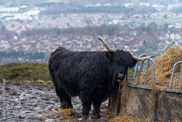 Fototapeta  black Highland cow with long, shaggy fur and curved horns eats hay from a metal feeder in a muddy field, with an urban landscape and distant hills blurred in the background.
