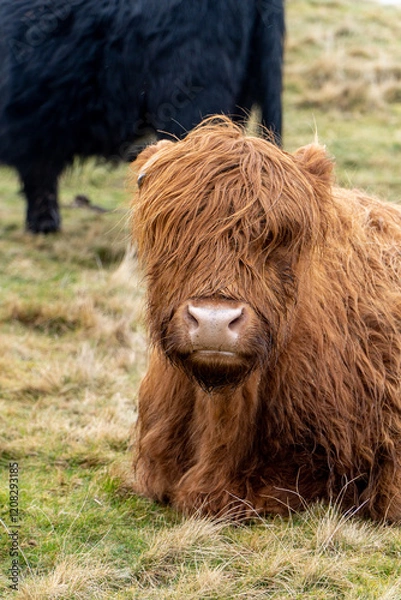Fototapeta A Highland cow with long, shaggy reddish-brown fur sits on grassy terrain, its face partially covered by hair. A black cow is visible, slightly out of focus, in the background.
