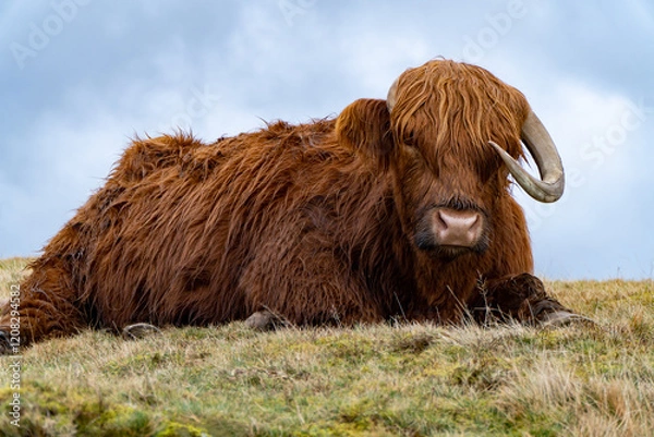 Fototapeta A tranquil Highland cow with thick auburn fur and large curved horns rests on a grassy hillside under a cloudy sky, embodying the serene beauty of the Scottish countryside.