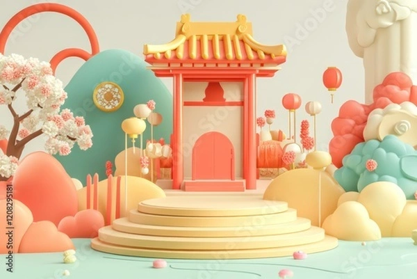 Fototapeta 3d an empty stage for product, minimalist stage design style, Chinese architectures, made of clay, cartoon, cute