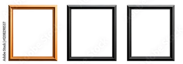 Obraz A collection of three picture frames in different styles: a warm wooden frame, a sleek black frame, and a minimalist empty frame, ideal for enhancing artwork presentation.
