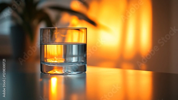 Fototapeta A clear glass of water with light reflecting on its surface symbolizing clarity and purity with a modern blurred background and empty space for caption at the bottom under backlighting from above

