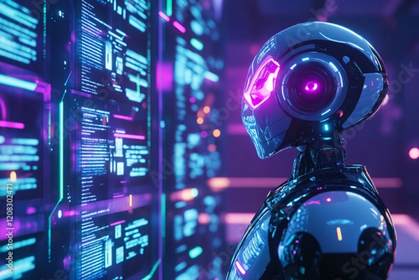 Fototapeta Futuristic Robotic Hand Holding a Glowing High-Tech Cube Representing Advanced AI, Innovation, and Sci-Fi Cybernetic Design in Digital Technology