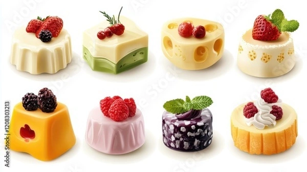 Fototapeta Assorted mini cheesecakes with berries and mint garnishes