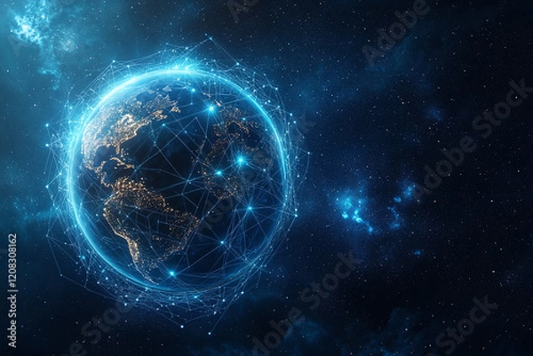Fototapeta Futuristic Global Network with Digital Connections and Glowing Data Points in a Tech-Inspired Abstract Earth Design
