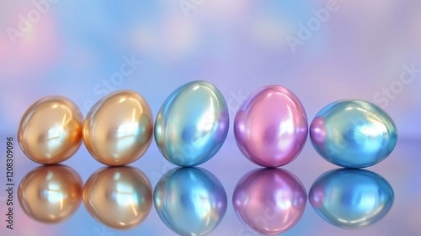 Fototapeta Shiny metallic easter eggs on reflective backdrop
