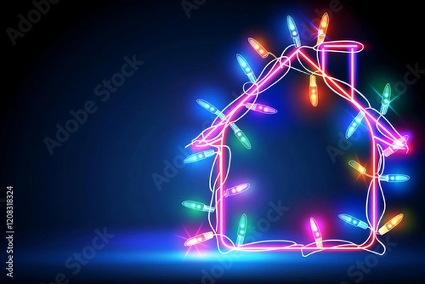Fototapeta Neon house shape decorated with colorful Christmas lights on a dark background. Copy Space 