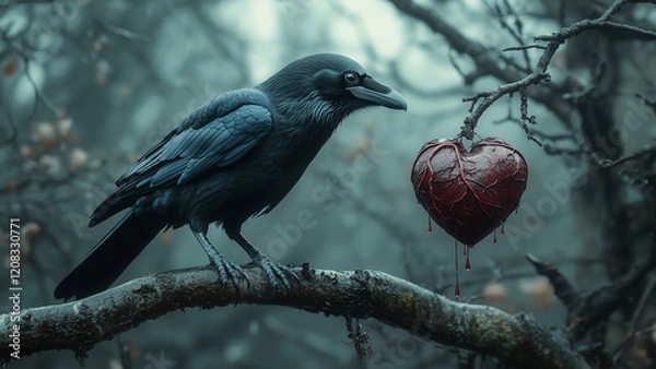Fototapeta Dark crow perched on a twisted branch beside a dripping heart in a misty forest at twilight