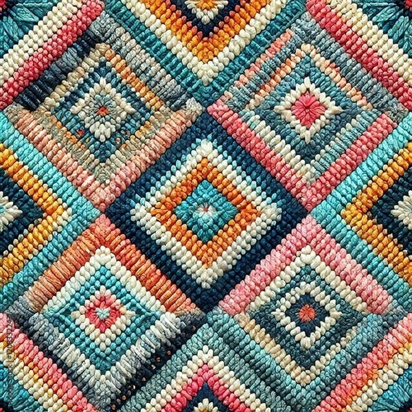 Fototapeta Seamless knitted pattern in the form of gradient rhombuses is crocheted with multi-colored threads. Patchwork style. AI generated.