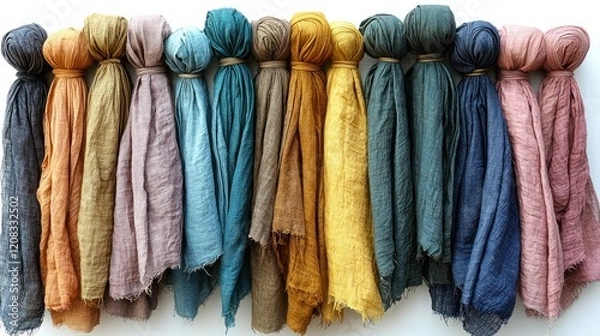 Fototapeta Collection of Hand-Dyed Linen Scarves: A Spectrum of Earthy Hues