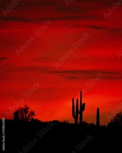 Fototapeta A beautiful sunset in the deserts of the southwest, with saguaro cactus silhouette.  