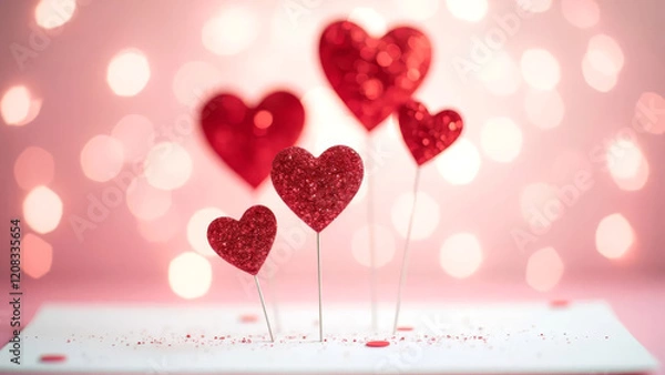 Fototapeta Composition of red hearts on sticks on a white background. Card for Valentine's Day.