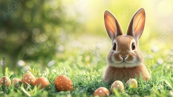 Fototapeta Adorable easter bunny surrounded by decorated eggs in a lush spring meadow