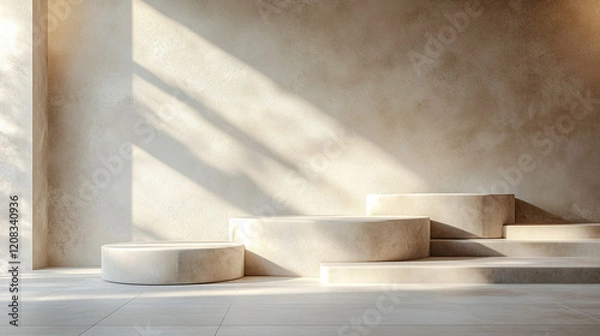 Fototapeta A series of evenly spaced geometric shapes in neutral tones on a plain background representing order, balance, and harmony with minimalistic bright tones and blurred empty space for emphasis

