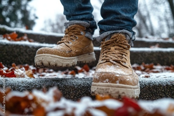 Fototapeta A person stands on snowy steps with a calm expression