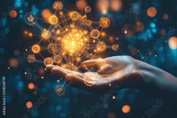 Fototapeta Futuristic Technology Sphere with Glowing Circuitry and AI Concept in Hands Depicting Digital Innovation and Advanced Cyber Design