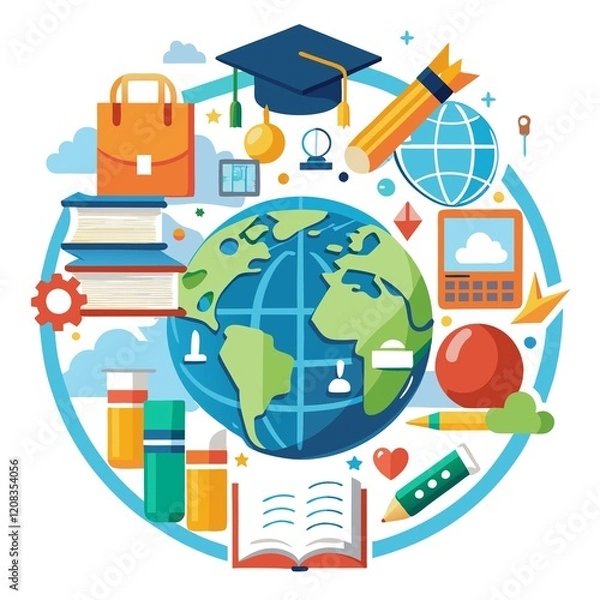 Fototapeta A colorful drawing of a globe with various items around it, including a book