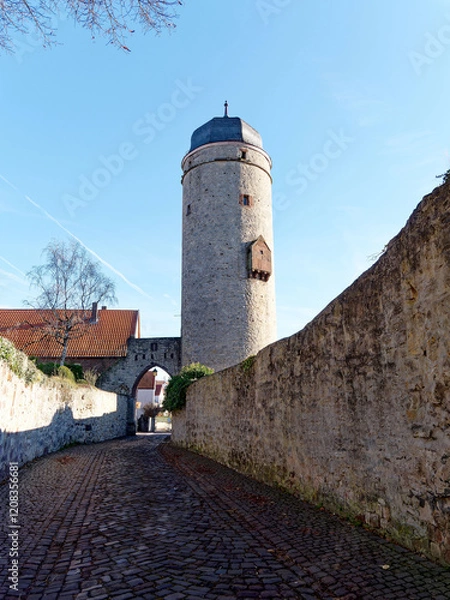 Fototapeta Architectural monument in Warburg, Germany, Sackturm and gate, city gate with kennel and tower