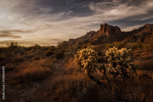 Fototapeta Jumping cholla, prickly pear, and saguaro cactus enjoy a sunset under the Superstition Mountains.