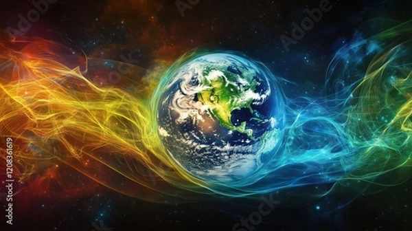 Fototapeta A glowing digital Earth is surrounded by dynamic data streams, representing global connectivity and the flow of information across the planet.
