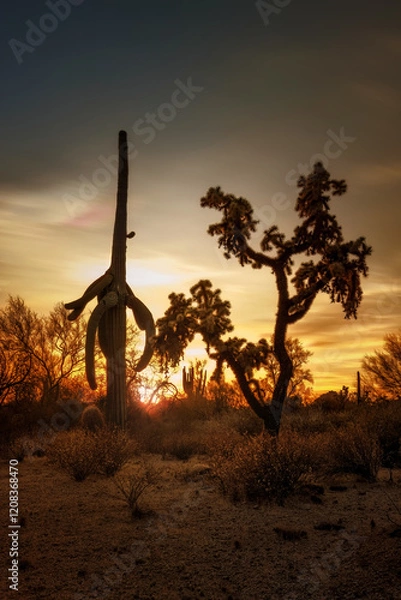 Fototapeta A beautiful sunset in the desert of Arizona, with jumping cholla and saguaro cactus all around.