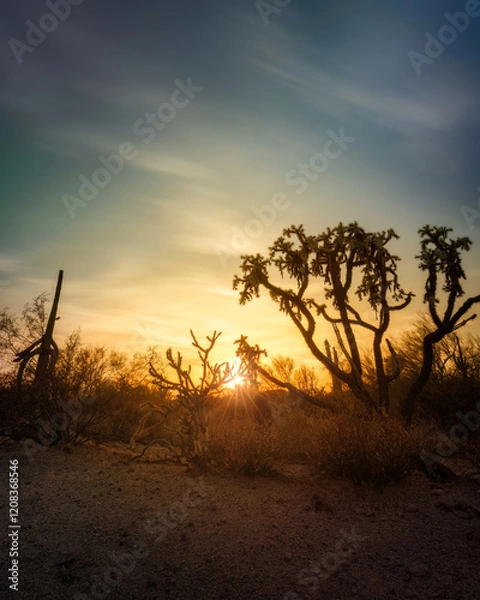 Fototapeta A beautiful sunset in the desert of Arizona, with jumping cholla and saguaro cactus all around.