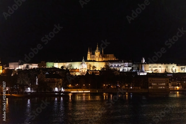 Fototapeta Sunset colors in Prague Historical Gothic Medieval castle, St. Vitus Cathedral, Charles Bridge and river Vltava boat cruise, astronomical clock, Unesco city tourism, night view and water reflection