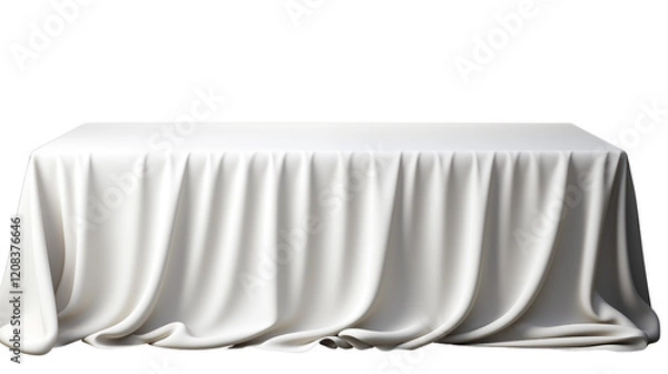 Fototapeta A neatly set table with a pristine white tablecloth, prepared for a formal dining experience, studio view, isolated on transparent background.