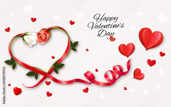 Obraz Happy Valentine's Day getting card  with two roses and a red heart shape ribbon. Vector.
