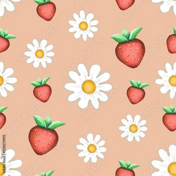 Fototapeta seamless pattern with strawberries and flowers