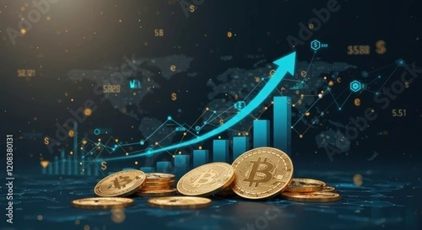 Fototapeta Abstract scene with flying Bitcoin coins and graphs showing the growth of cryptocurrencies