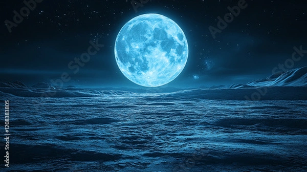 Fototapeta A black moon night with full lunar glow casting light across the universe, creating a serene, mystical atmosphere with bright tones and a blurred, empty space for captions

