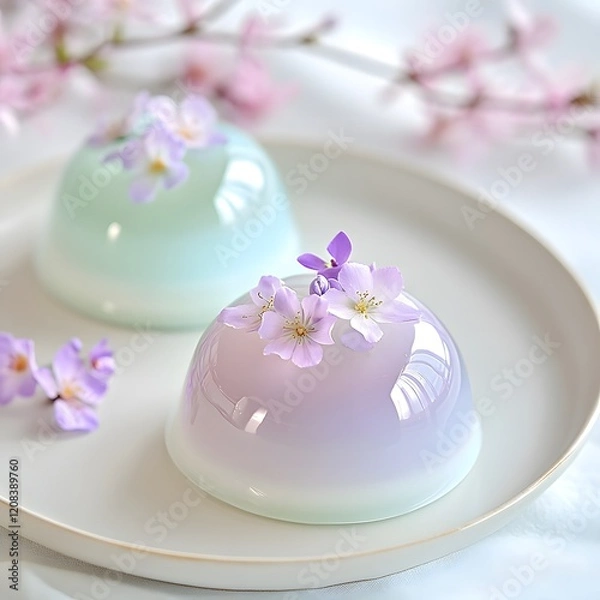 Obraz Vibrant jelly and mousse desserts adorned with edible flowers, showcasing a delicate and festive touch, perfect for haute cuisine celebrations.