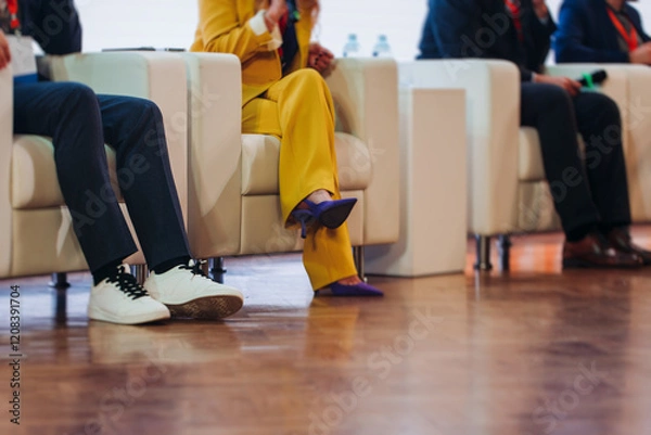 Fototapeta Speakers shoes legs at the business conference event, audience on forum summit, plenary session lecture hall, persons on a stage at plenary meeting, business congress at the venue, panel discussion