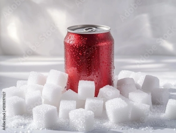 Fototapeta Red soda can surrounded by sugar cubes